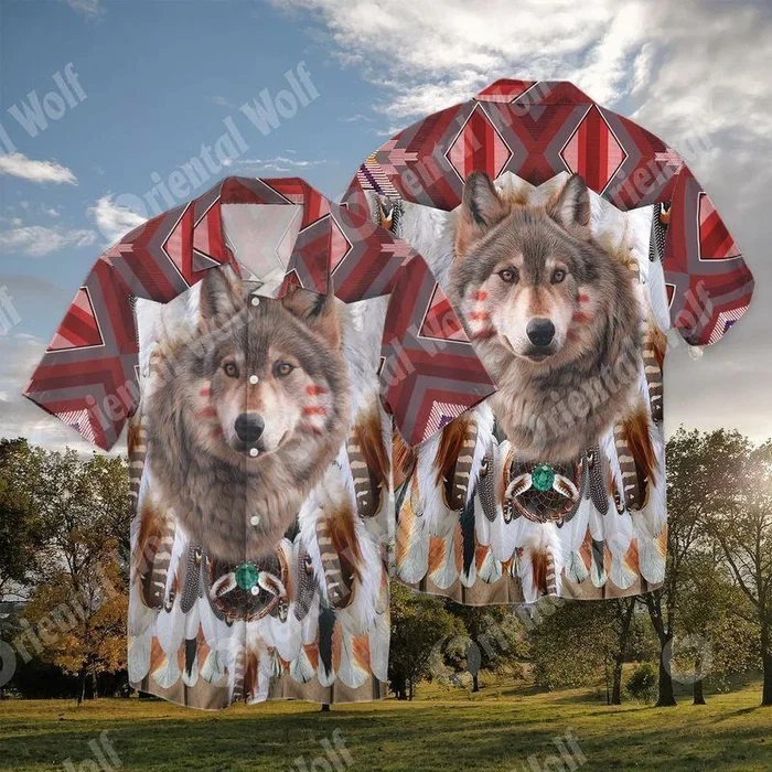 Native Amarican Wolf Red 3D Full Print Hawaiian Shirt Shirt – For Men and Women – Fanshubus – Fanshubus.com
