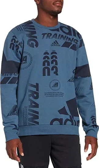 New Adidas Small Men’s Post Game Allover Print Crewneck Sweatshirt Blue