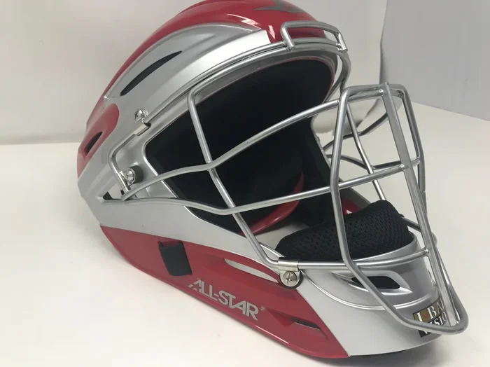 New All Star Pro Model 2-Tone Red/Silver Catcher’s Helmet 7 – 7 1/2Inch