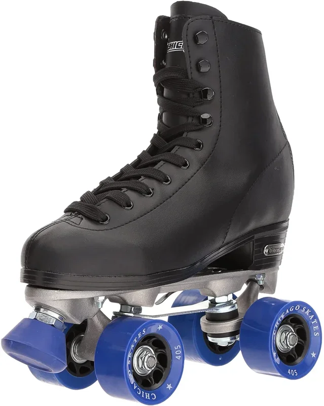 New Chicago Mens Classic Roller Skates Premium Black/Blue Quad Rink Skates Sz 9