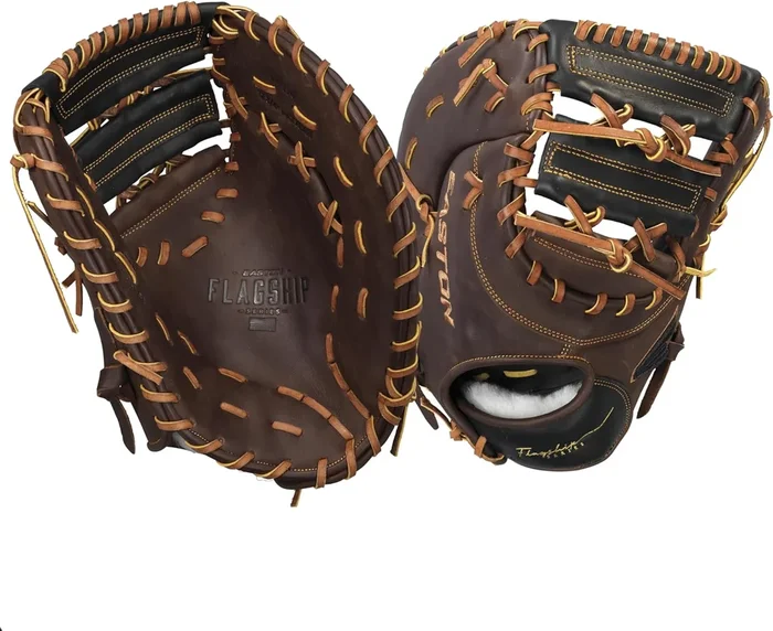 New Easton | FLAGSHIP Baseball First Base Glove | Right Hand Throw | 12.75″ – Dual Bar Web | Brown/Black