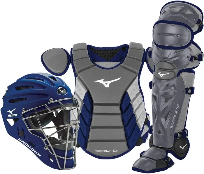 New Mizuno Samurai Adult 16″ Baseball Boxed Catcher’s Gear Set Gray/Navy