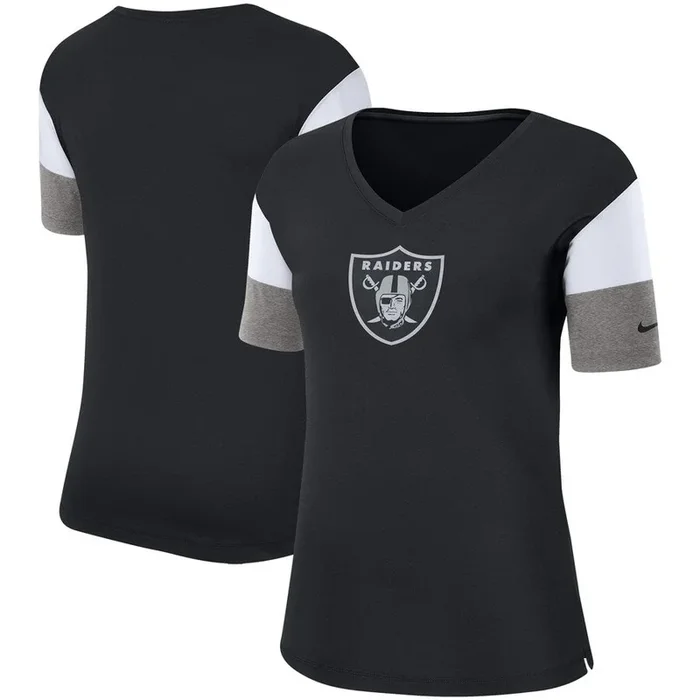 New Nike Women Oakland Raiders Breathe Dri-Fit V-Neck Tee Shirt SS Blk/Slvr Med