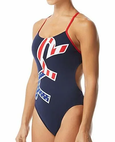 New TYR Women’s Big Logo USA Cutoutfit One Piece Swimsuit Navy Stars and Stripes