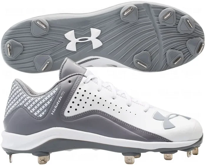 New Under Armour Men’s 11 Yard Low ST White/Gray Baseball Metal Cleats