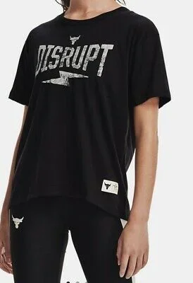 New Under Armour Women Small Project Rock Disrupt Short Sleeve Black/Gray