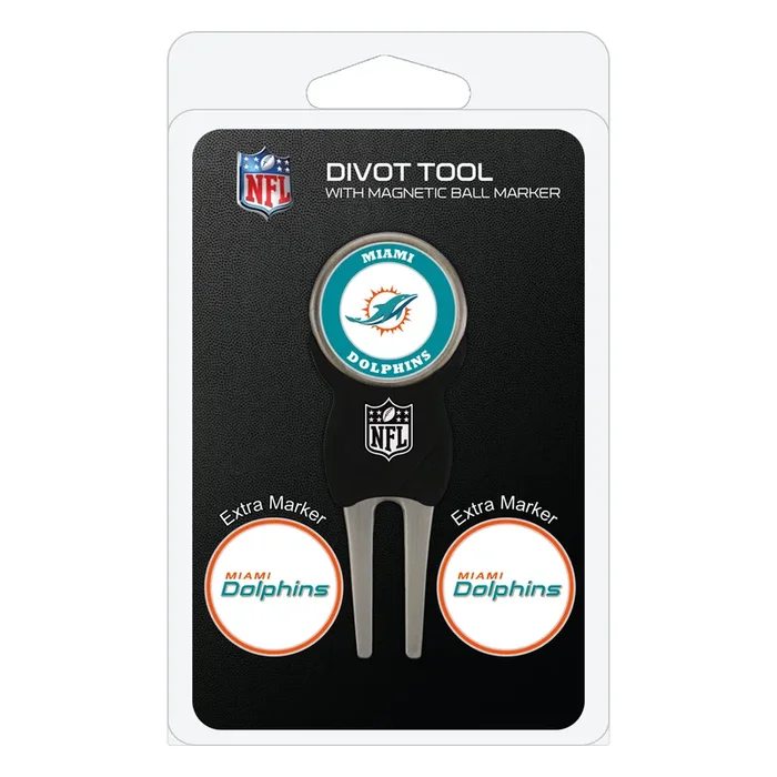NFL Adult-Unisex Divot Repair Tool with 3 Double-Sided Removable Magnetic Golf Ball Marker (Miami Dolphins)