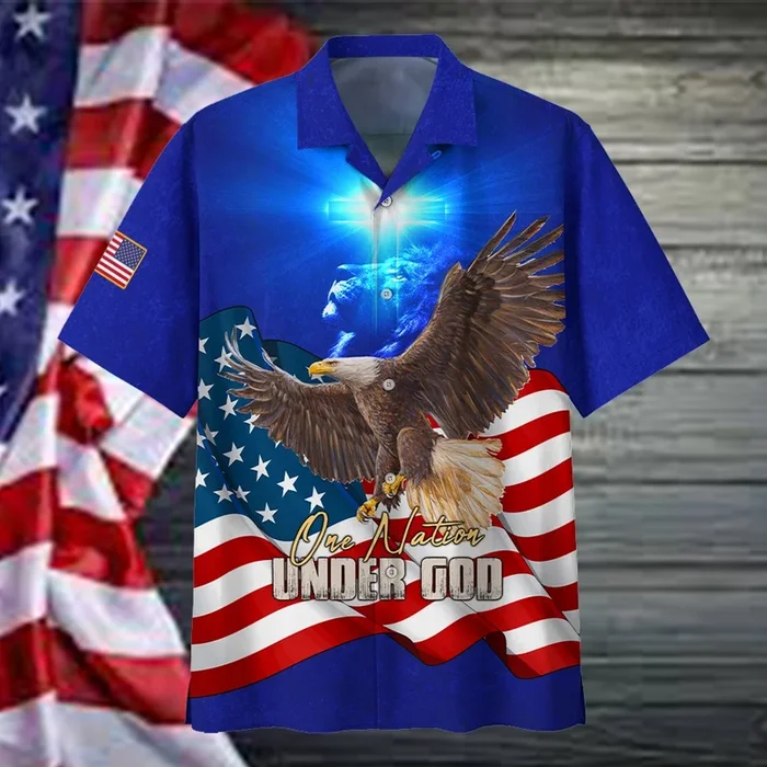 One Nation Under God – The Light Cross Hawaiian Shirt – Eagle Flying American Flag Hawaiian Shirt . – Fanshubus.com