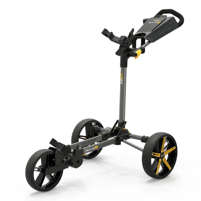 PowaKaddy DLX-Lite FF 3-Wheel Push Trolley – Gunmetal/Yellow Trim