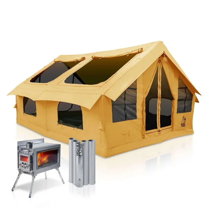 RBM Panda Large Sunny Beige + Stove Caminus M – Inflatable Tents for Camping with Stove