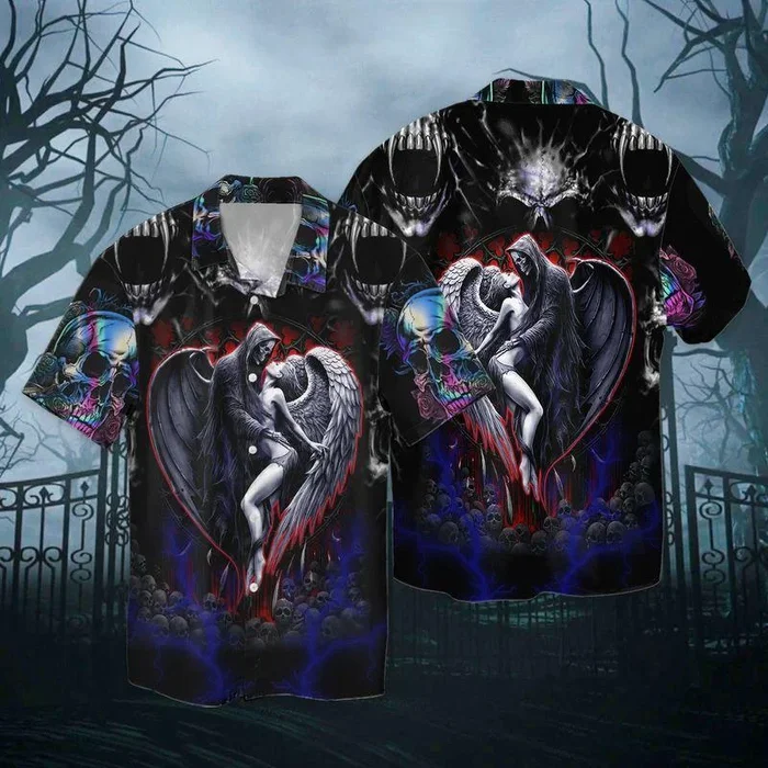 Skull Love Death And Angel 3D Full Print Hawaiian Shirt Shirt – For Men and Women – Fanshubus – Fanshubus.com