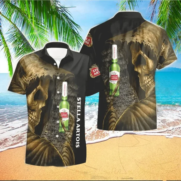 Skull Stella Artois Death Hawaiian Shirt And Shorts Halloween Gift Summer Gift – Fanshubus – Fanshubus.com