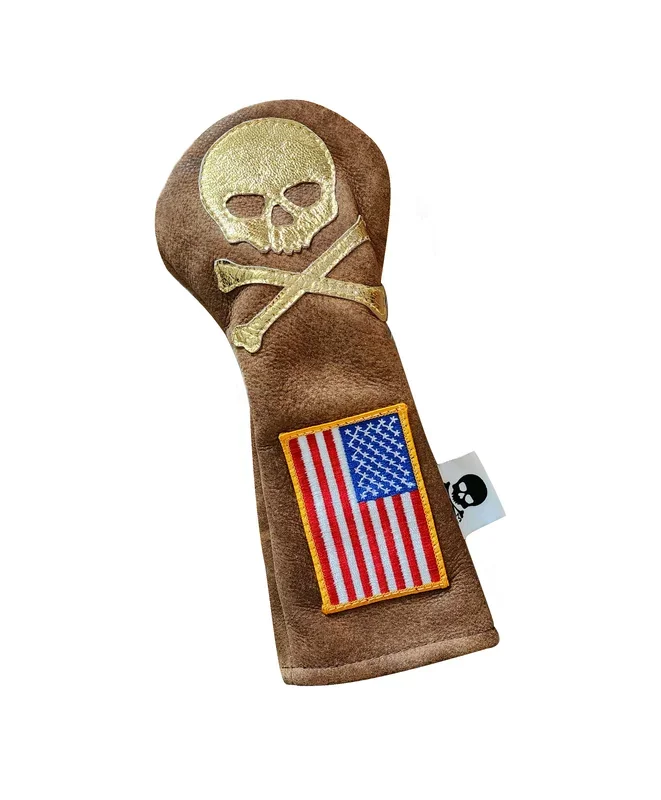 The RMG USA Gold Skull & Bones Distressed leather Fairway Wood Headcover, 1 Off!