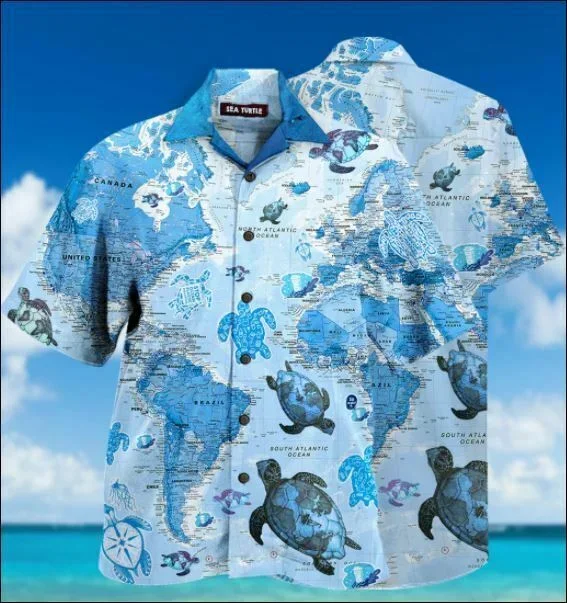 Turtle world map hawaiian shirt – For men and women – Fanshubus – Fanshubus.com