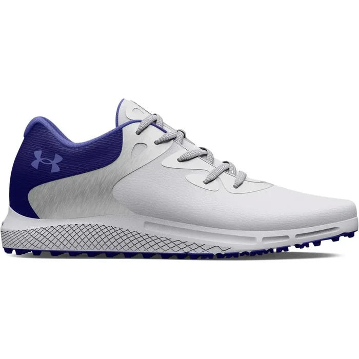 Under Armour Ladies Charged Breathe 2 Spikeless Shoes – White/Metallic Silver/Baja Blue