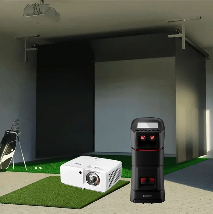 Uneekor EYE MINI SportScreen Vanish Retractable Golf Studio Complete Package | Home Golf Simulator Studio with Impact Screen, Enclosure, Hitting Mat, Putting Turf & Projector