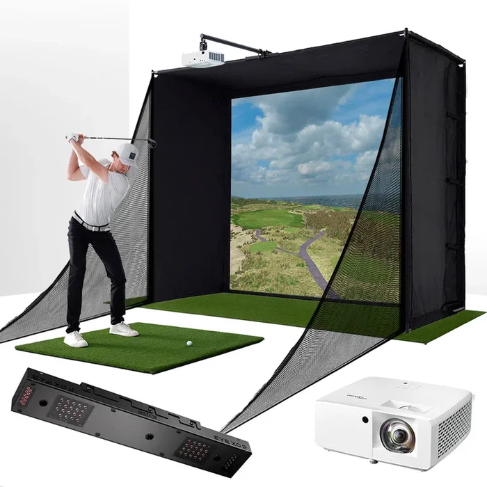 Uneekor EYE XO2 with PlayBetter SimStudio™ COMPLETE Package | Golf Simulator Studio with Impact Screen, Enclosure, Side Barriers, Hitting/Putting Mats & Projector