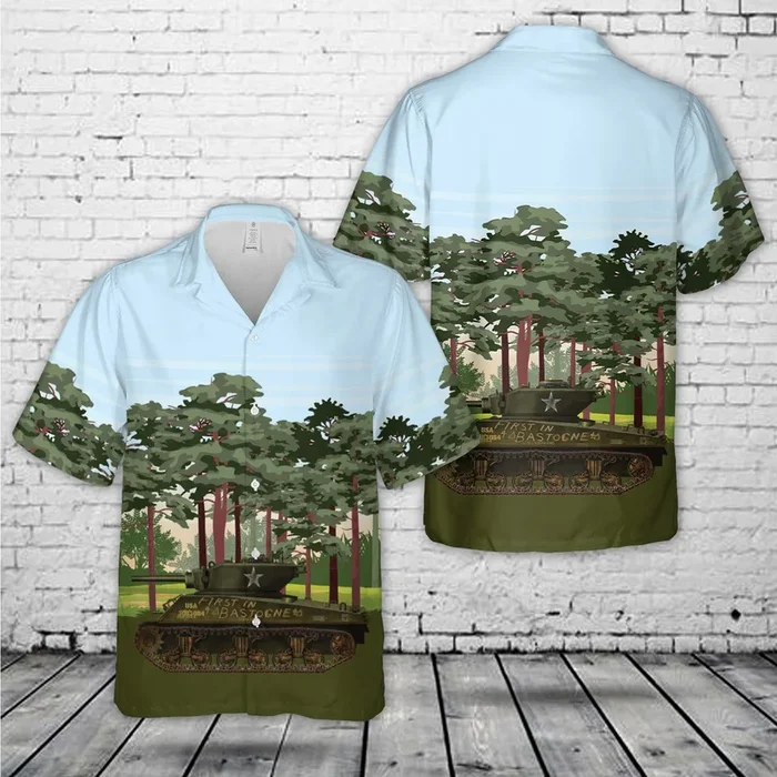US Army 4th Armored Division M4A3E2 Jumbo Cobra King with the First in Bastogne inscription Hawaiian Shirt – Fanshubus.com