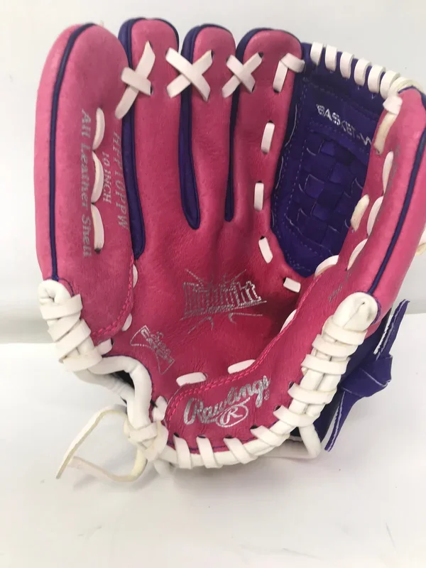 Used Rawlings 10” Youth Highlight Series Fastpitch Softball Glove Ppl/Pnk/Wht LHT