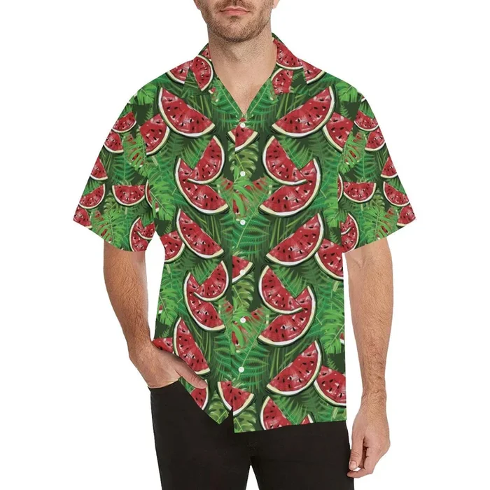 Watermelons tropical palm leaves pattern backgroun Men’s All Over Print Hawaiian Shirt- For men and women – Fanshubus – Fanshubus.com