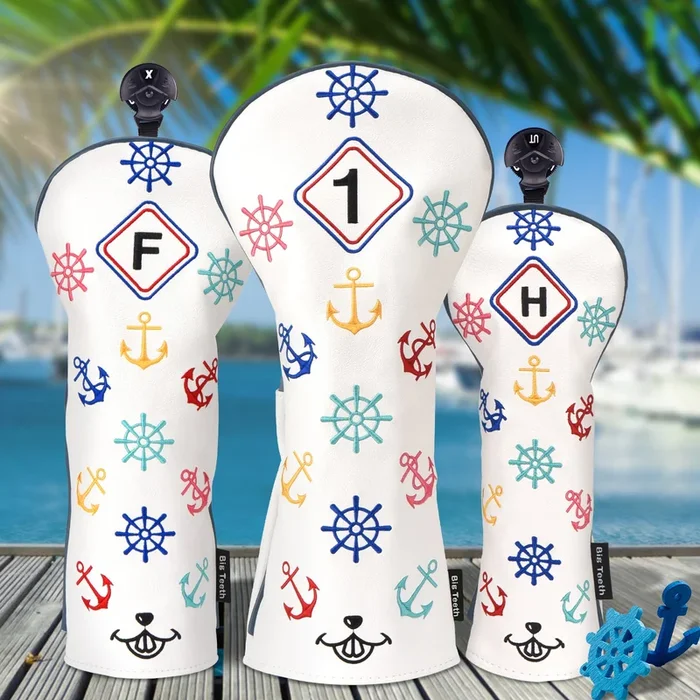 White Leather Rudder Wood Headcover Set